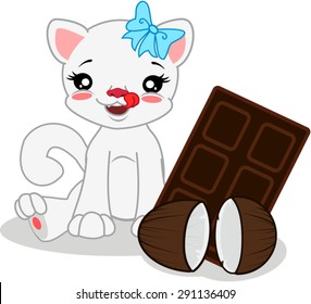 Cartoon white cat with chocolate and coconut.