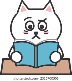 Cartoon weiße Katze, die beim Lesen eines Buches, Vektorgrafik, einen befragenden Ausdruck hat.