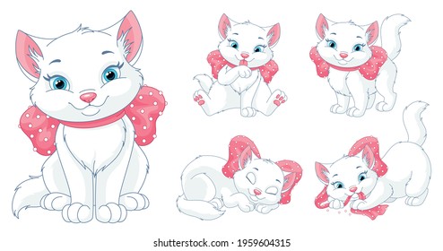 Cartoon white cat with pink bow, vector clipart set