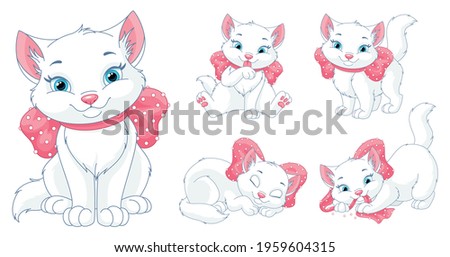 Cartoon white cat with pink bow, vector clipart set