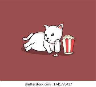 cartoon white cat watching a movie while eating popcorn