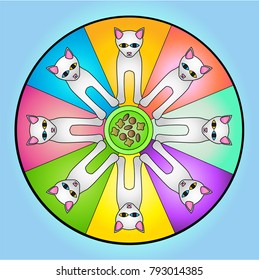 cartoon white cats with food plate. colorful painting stained glass vector.