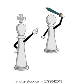 Cartoon white chess pieces. The queen sends a pawn with a sword into battle. isolated stock vector illustration