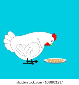 Cartoon white chicken is going to peck the grain. Vector illustration for children.