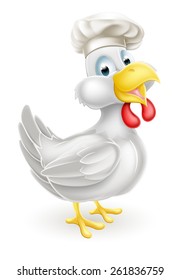 A cartoon white chicken mascot wearing a chef hat