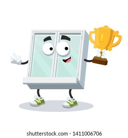 cartoon white closed plastic window mascot holds the number one cup on white background