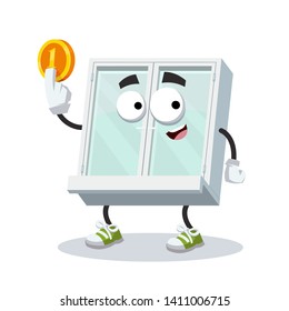 cartoon white closed plastic window mascot keeps the coin on white background