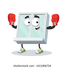 cartoon white closed plastic window mascot in red boxing gloves on white background