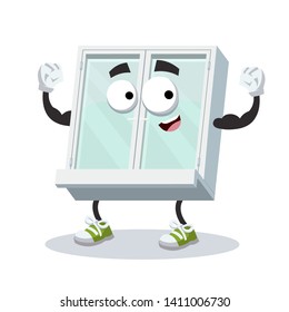 cartoon white closed plastic window mascot shows its strength on a white background