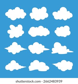 Cartoon White Cloud Icons, Flat Weather Clipart, Puffy Cloud Silhouette Set on Blue Background