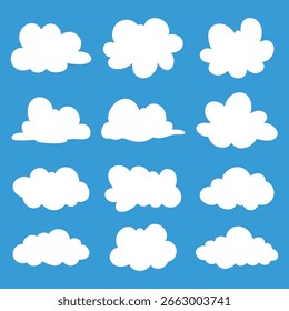 Iconos blancos de la nube de la historieta, Clipart plano del Clima, silueta inflada de la nube fijada en fondo azul