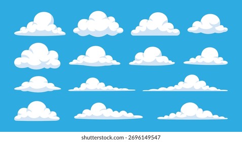 Conjunto de nubes blancas de dibujos animados sobre fondo azul celeste - Iconos de Clima de Vector