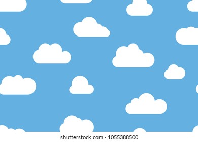Cartoon white clouds in blue sky seamless pattern, vector illustration in flat style.