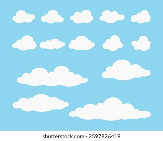 Cartoon white clouds flying across the blue sky, vector illustration, flat design, set of icons. Decorative empty element for decoration, design, weather. Bubble for speech, a form of steam