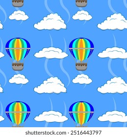 Cartoon nuvens brancas, balão voador no céu azul em ordem caótica como um padrão