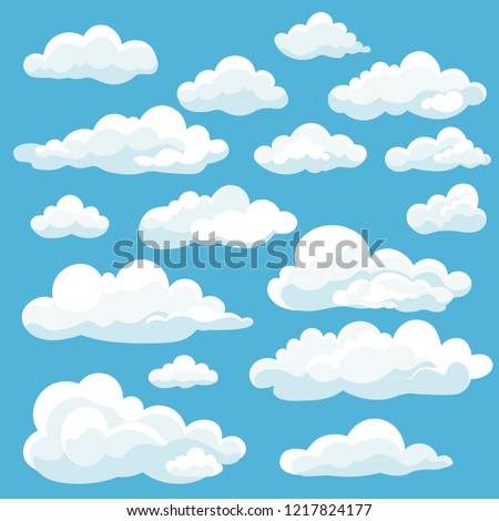 Cartoon white clouds icon set isolated on blue background. Cloudscape in flat style. Blue sky cloud weather symbol. Vector illustration cloudy panorama