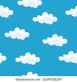 Cartoon White Clouds Seamless Pattern on Blue Sky