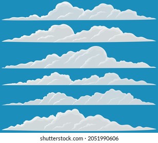 Cartoon-weiße Wolken auf blauem Hintergrund. Sammlung von Rauchmustern und Nebelsymbolen. Wolken mit unterschiedlichen Größen und Formen. Bewölkung in der Luft. Elemente der natürlichen Wetteratmosphäre im flachen Stil