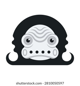 A cartoon white creature with big eyes and black hair on a white background looks curious