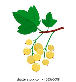 Cartoon white currant berries with green leaves on a isolated white background. Bright berries branch.