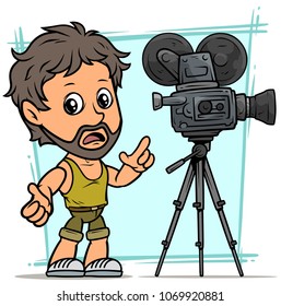 Cartoon white cute flat bearded boy character with vintage retro old fashioned movie film camera on tripod. On blue background. Vector icon.