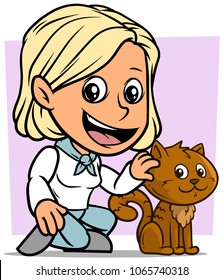 Cartoon white cute flat blonde girl character caressing funny brown little cat on violet background. Vector icon.