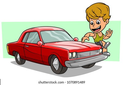 Cartoon white cute flat blonde boy character sitting on cool red american retro muscle car. Vector icon.