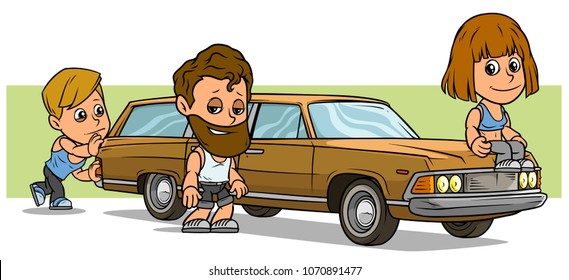 Cartoon white cute flat boy and girls characters sitting, pushing cool light brown long retro car on green background. Vector icon.