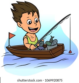 Cartoon white cute flat brunette boy character fishing in wooden rowboat. Vector icon.