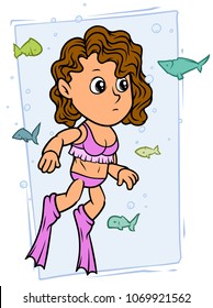 Cartoon white cute flat brunette girl character in pink swimming suit and flippers with funny fish. Vector icon.