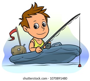 Cartoon white cute flat brunette boy character fishing on blue inflatable boat with motor and red flag. Vector icon.