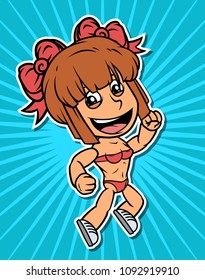 Cartoon white cute flat brunette dancing girl character in red swimming suit with knots. On blue background. Vector icon.