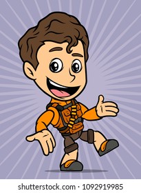 Cartoon white cute flat brunette smiling standing fighter boy character in body armor. On violet background. Vector icon.