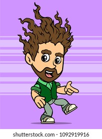 Cartoon white cute flat dancing long haired bearded boy character. On violet background with lines. Vector icon.