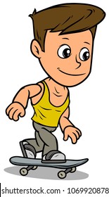 Cartoon white cute flat smiling brunette boy character riding on skateboard. Isolated on white background. Vector icon.