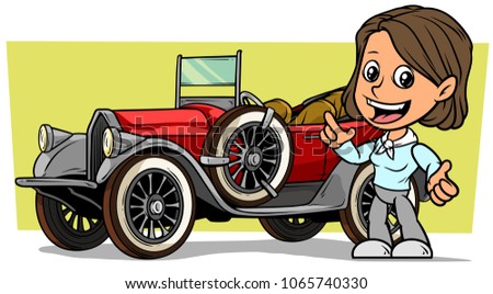 Cartoon white cute flat smiling brunette girl character with retro vintage luxury red convertible car with spare wheel on yellow background. Vector icon.