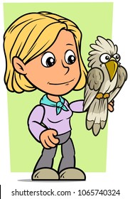 Cartoon white cute flat standing blonde girl character holding funny big parrot on green background. Vector icon.
