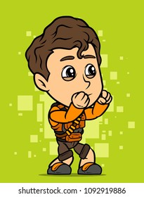 Cartoon white cute flat standing in combat stance brunette fighter boy character in body armor. On green white background. Vector icon.
