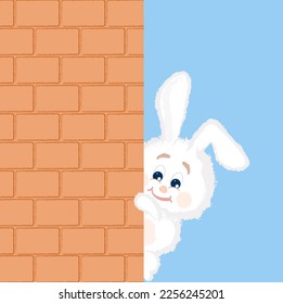 Cartoon white cute fluffy bunny peeking out from behind a brick wall. Vector illustration.