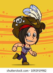 Cartoon white cute running brunette pirate girl character in hat with feathers and skull on orange background. Vector icon.