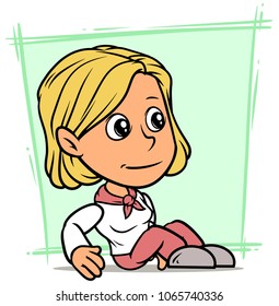 Cartoon white cute sitting smiling girl character with pink fillet and pants on green background. Vector icon.
