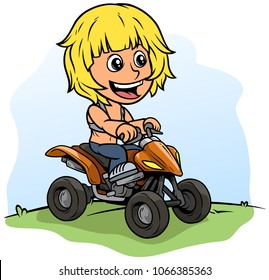 Cartoon white cute smiling blonde boy character driving off-road quad motorbike on blue background. Vector icon.