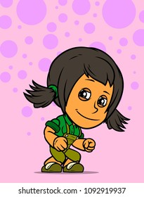 Cartoon white cute smiling brunette farmer girl character in green overalls. On pink background with bubbles. Vector icon.