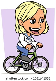 Cartoon white cute smiling flat blonde girl character riding on green bicycle on violet background. Vector icon.
