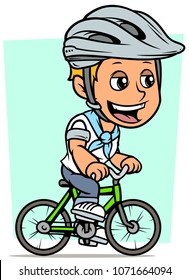 Cartoon white cute smiling flat blonde boy character riding on green bicycle in protective helmet. On blue background. Vector icon.