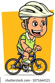 Cartoon white cute smiling flat brunette fat boy character riding on blue bicycle in protective helmet. On yellow background. Vector icon.