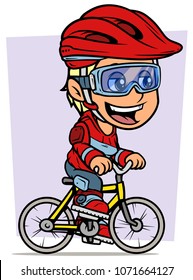 Cartoon white cute smiling flat blonde girl character riding on yellow bicycle in protective helmet and glasses. On violet background. Vector icon.