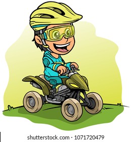 Cartoon white cute smiling flat brunette girl character driving off-road quad motorbike in protective helmet and glasses. On yellow background. Vector icon.