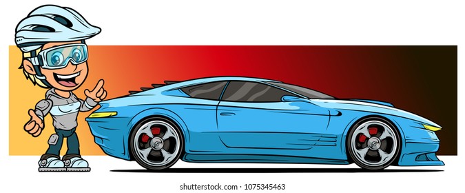 Cartoon white cute smiling flat standing girl character with modern cool blue sport car with silver metal wheel disc in protective helmet and glasses. On red background. Vector icon.