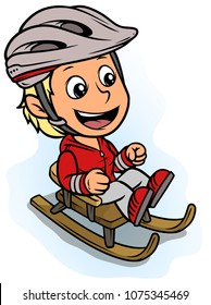 Cartoon white cute smiling flat blonde girl character riding on wooden brown sledge in protective helmet. Isolated on white background. Vector icon.